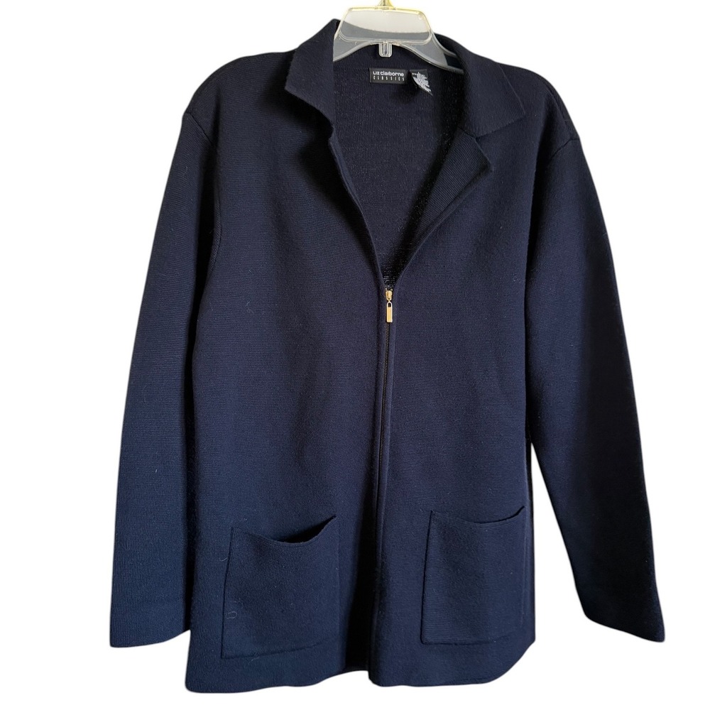 Liz Claiborne Classics Navy Blue Merino Wool Blend Zip Front Cardigan Sweater L